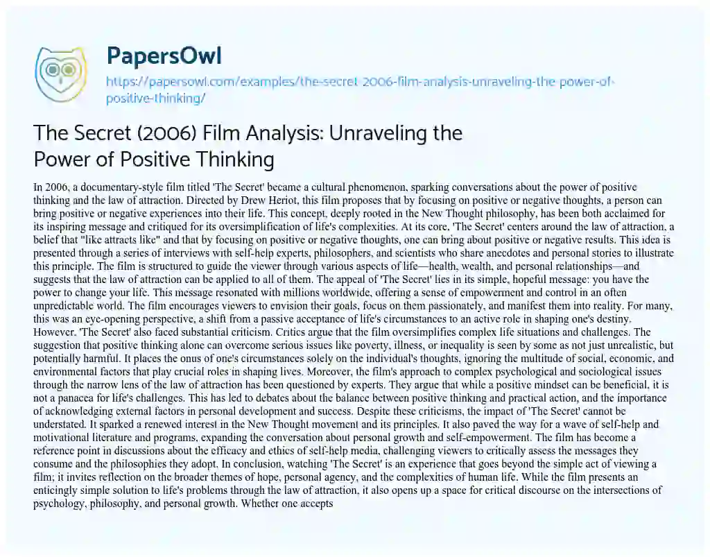 Essay on The Secret (2006) Film Analysis: Unraveling the Power of Positive Thinking