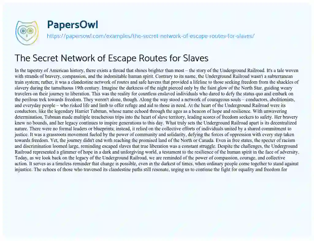 Essay on The Secret Network of Escape Routes for Slaves