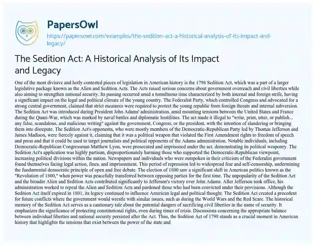 Essay on The Sedition Act: a Historical Analysis of its Impact and Legacy