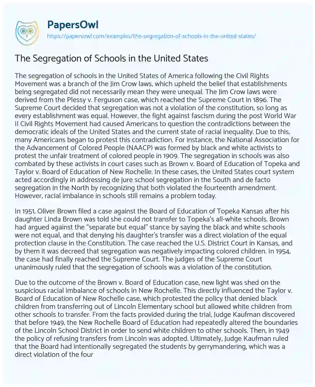 The Segregation of Schools in the United States essay