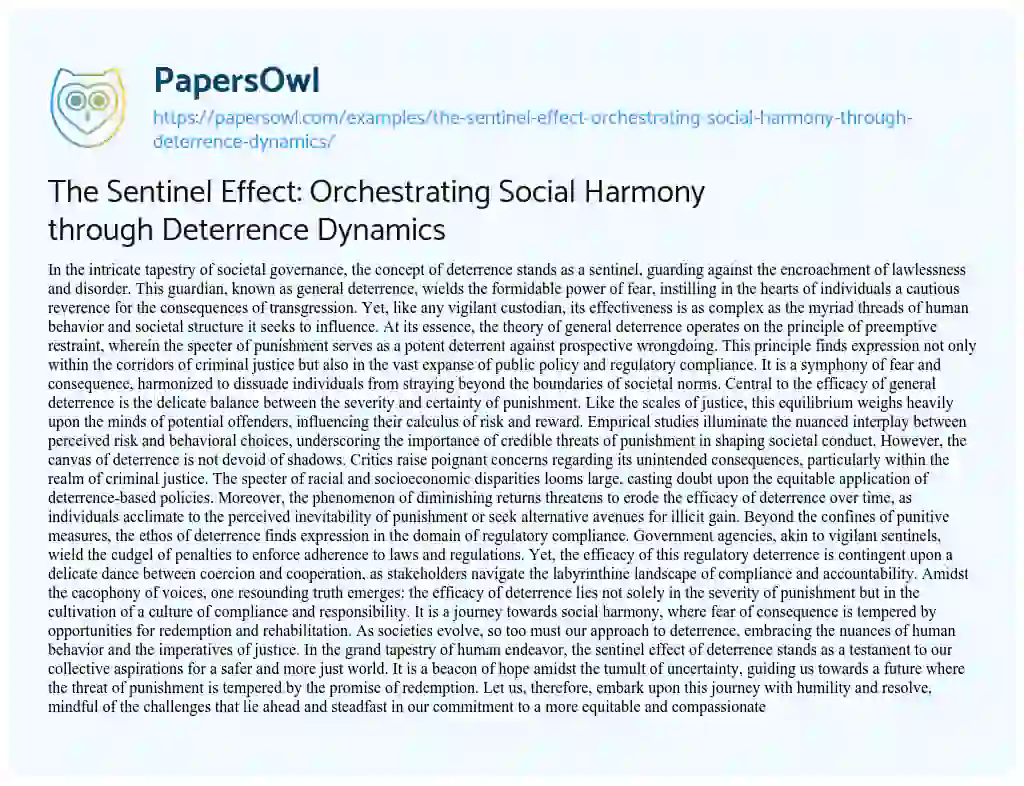 Essay on The Sentinel Effect: Orchestrating Social Harmony through Deterrence Dynamics