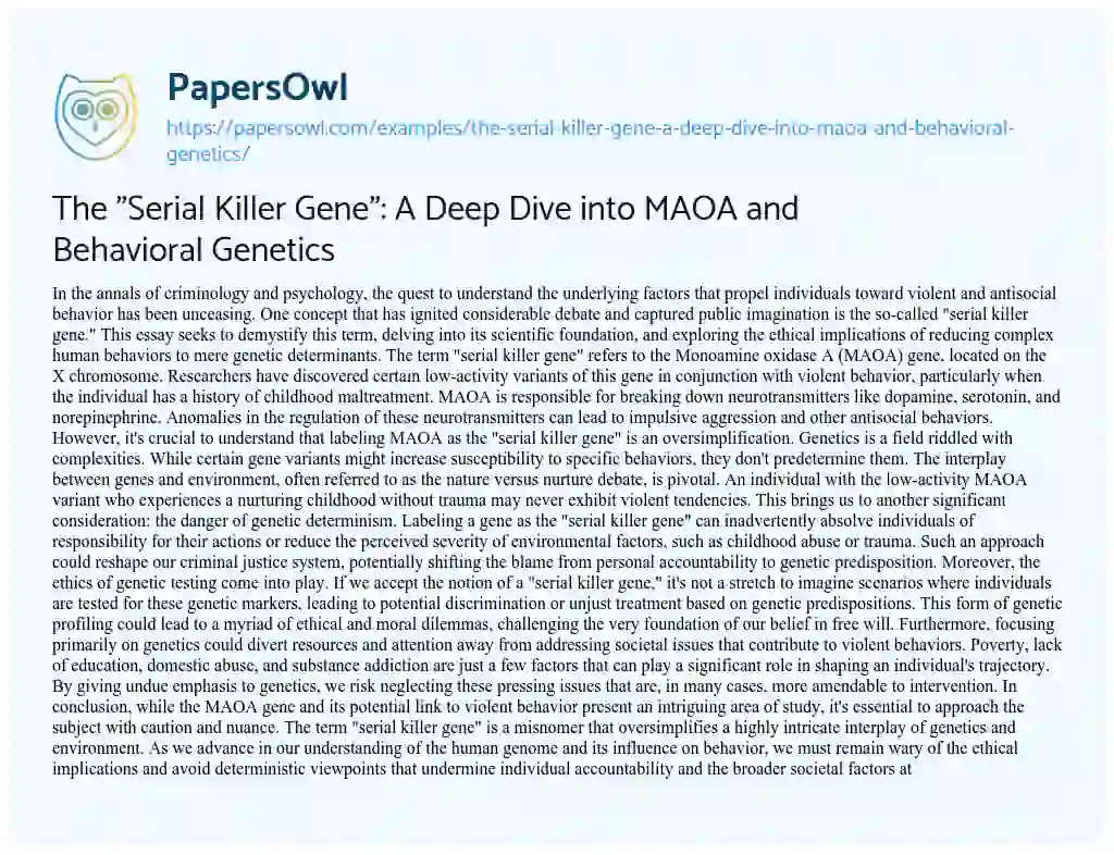 Essay on The “Serial Killer Gene”: a Deep Dive into MAOA and Behavioral Genetics