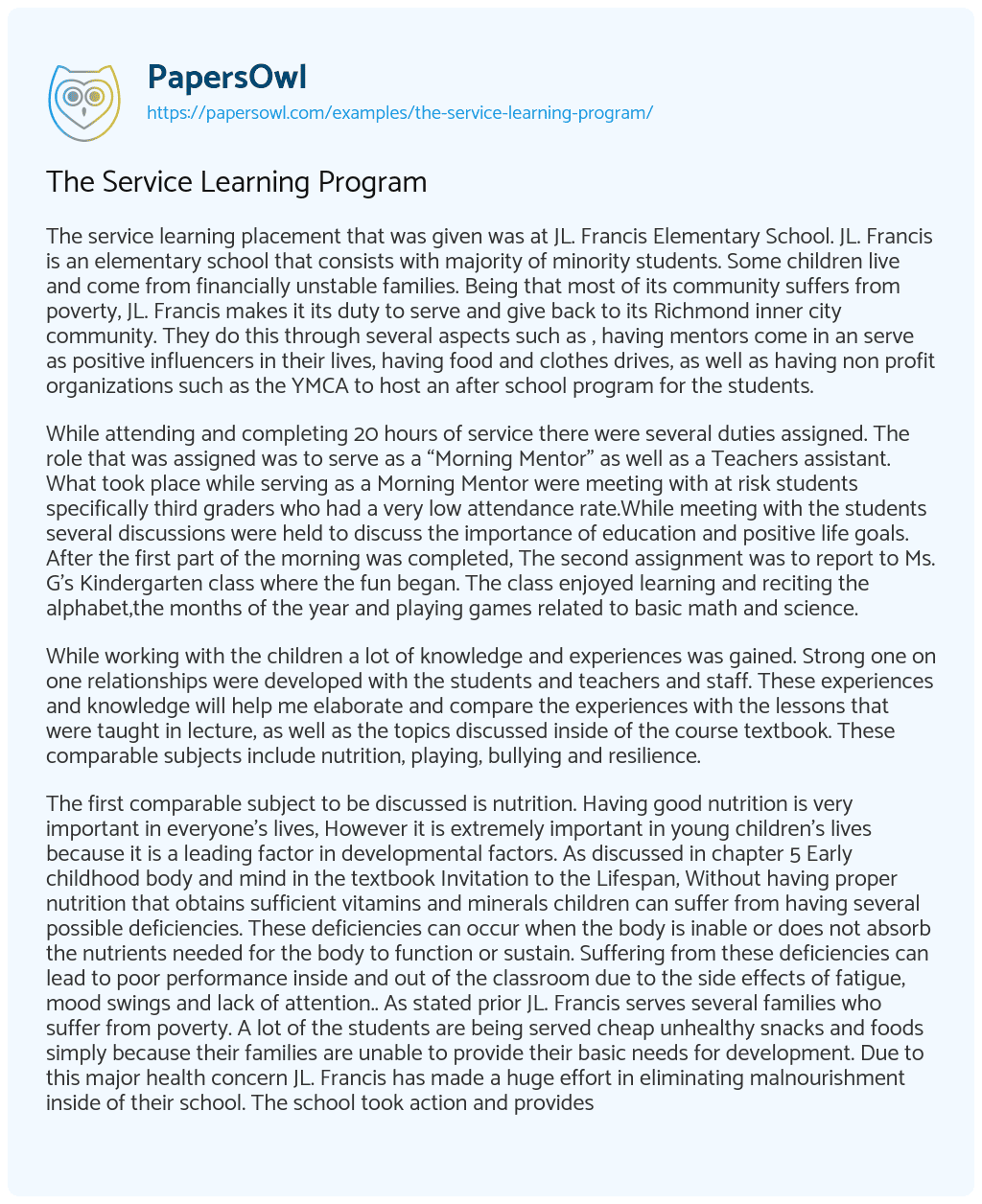Essay on The Service Learning Program
