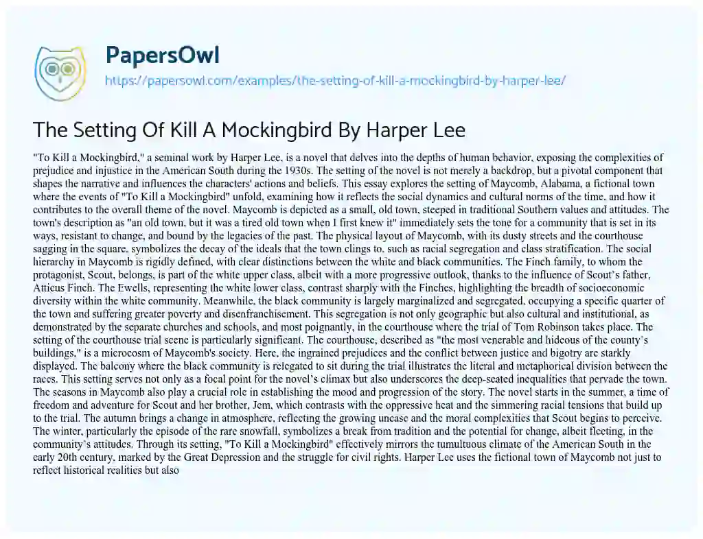 Essay on The Setting of Kill a Mockingbird by Harper Lee