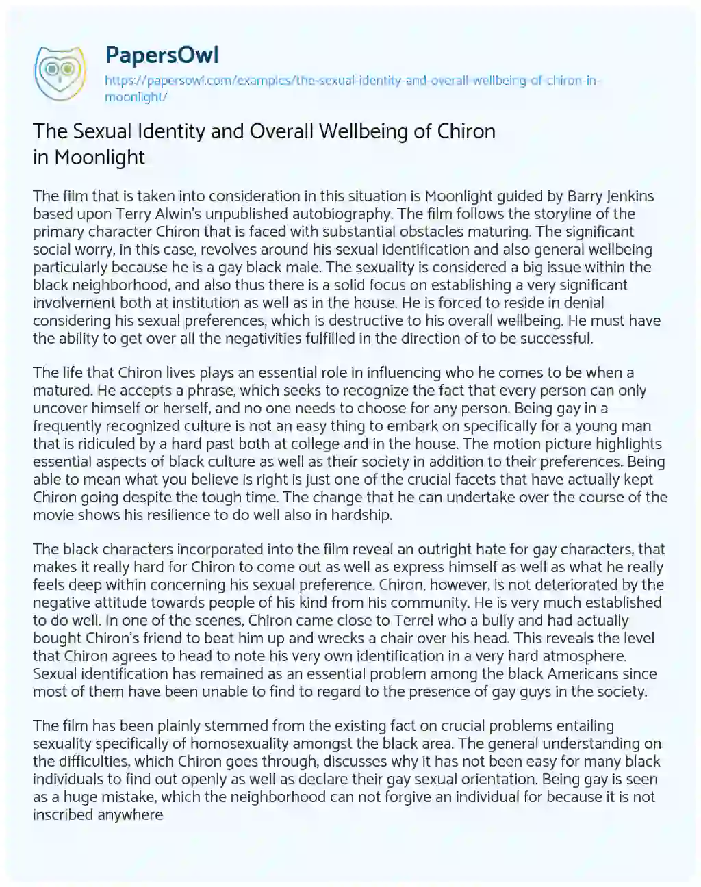 Essay on The Sexual Identity and Overall Wellbeing of Chiron in Moonlight