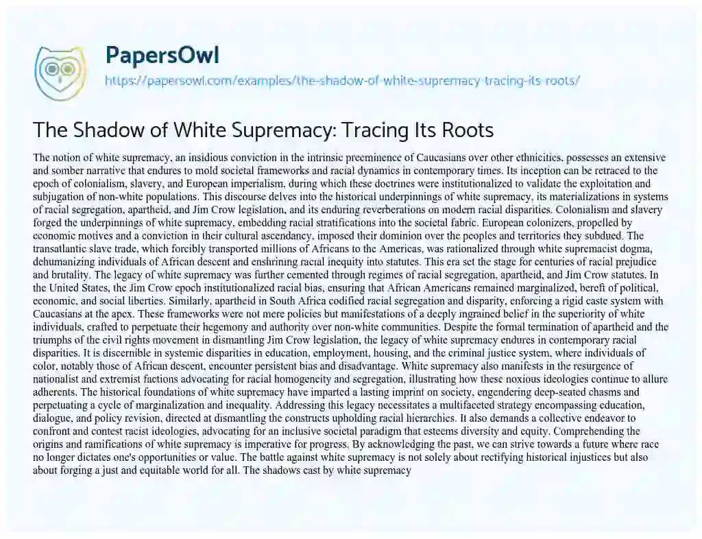 Essay on The Shadow of White Supremacy: Tracing its Roots