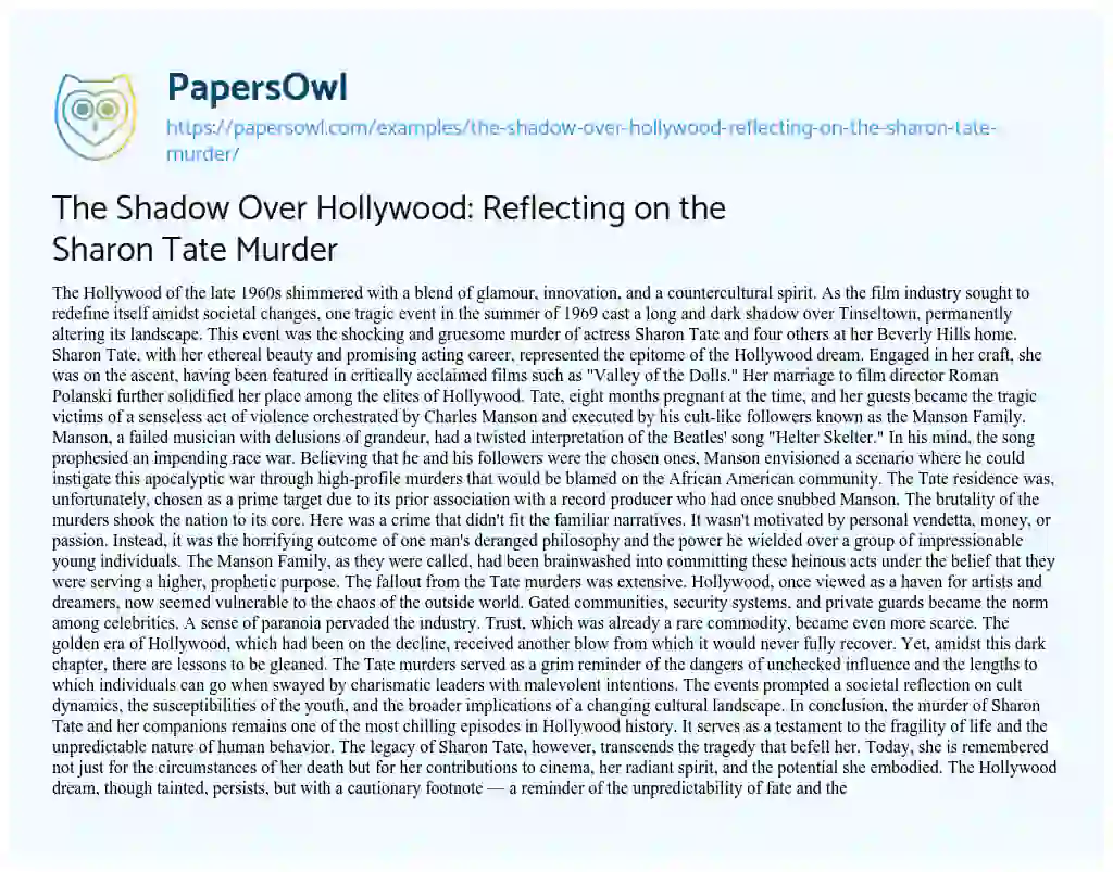Essay on The Shadow over Hollywood: Reflecting on the Sharon Tate Murder