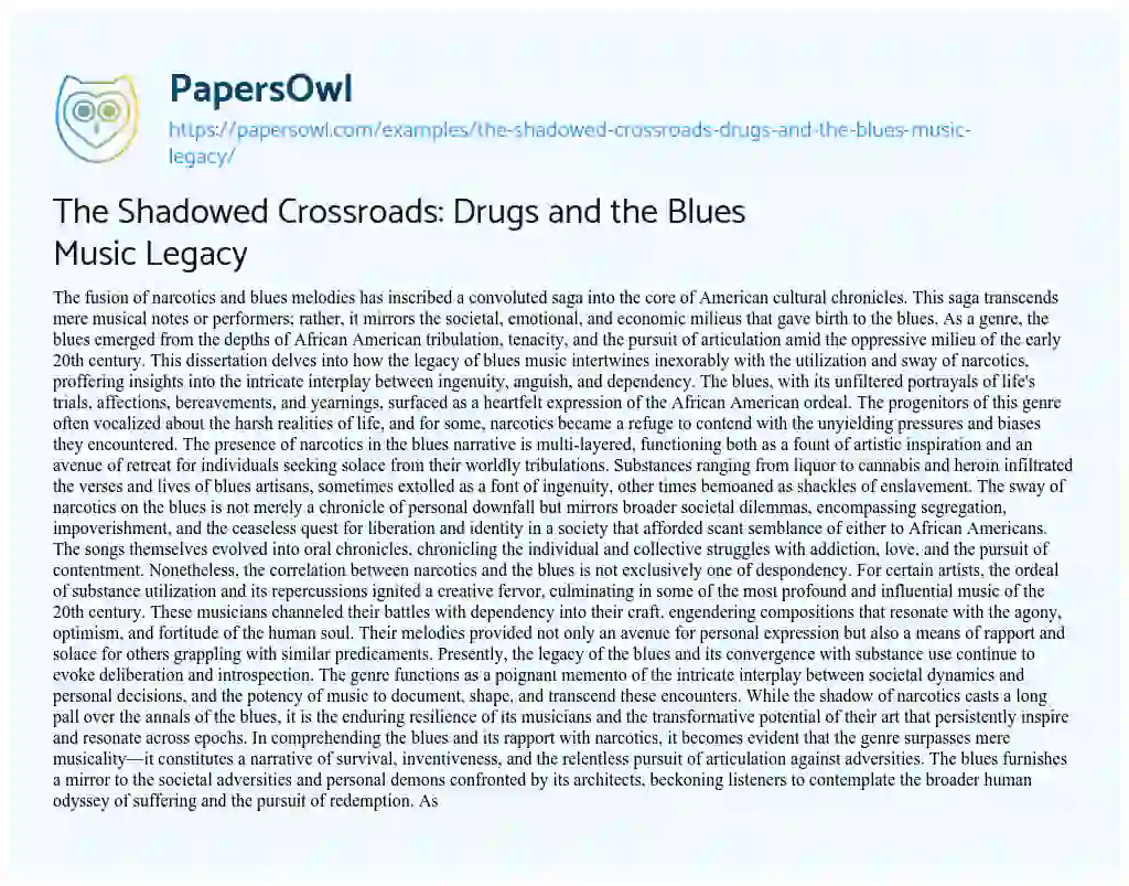 Essay on The Shadowed Crossroads: Drugs and the Blues Music Legacy