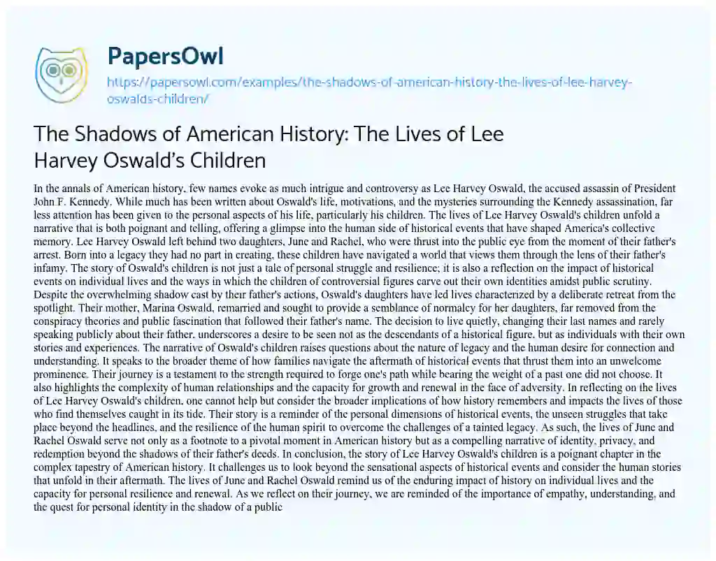 Essay on The Shadows of American History: the Lives of Lee Harvey Oswald’s Children