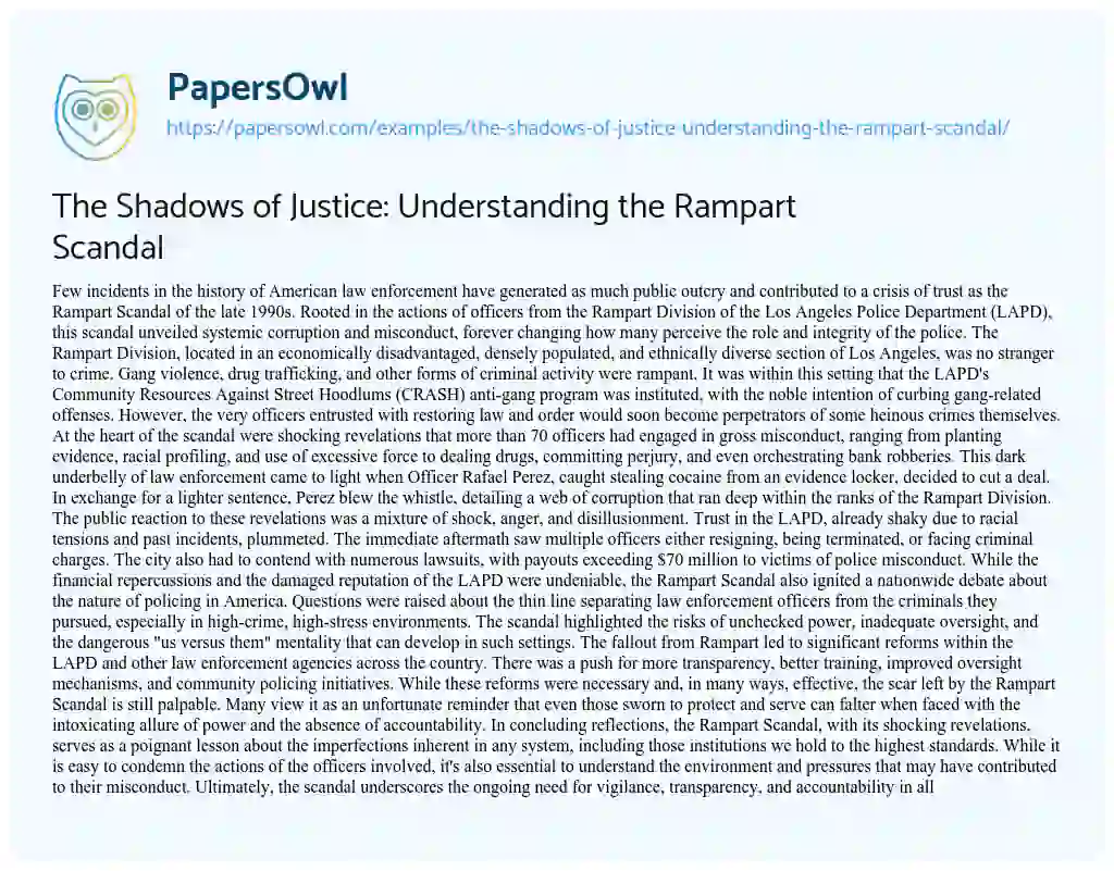 Essay on The Shadows of Justice: Understanding the Rampart Scandal