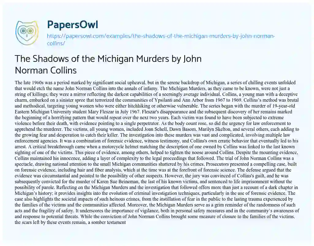Essay on The Shadows of the Michigan Murders by John Norman Collins