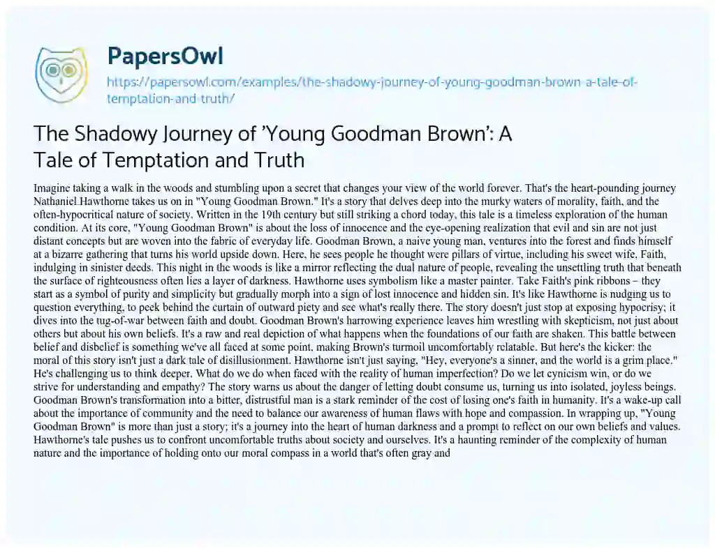 Essay on The Shadowy Journey of ‘Young Goodman Brown’: a Tale of Temptation and Truth