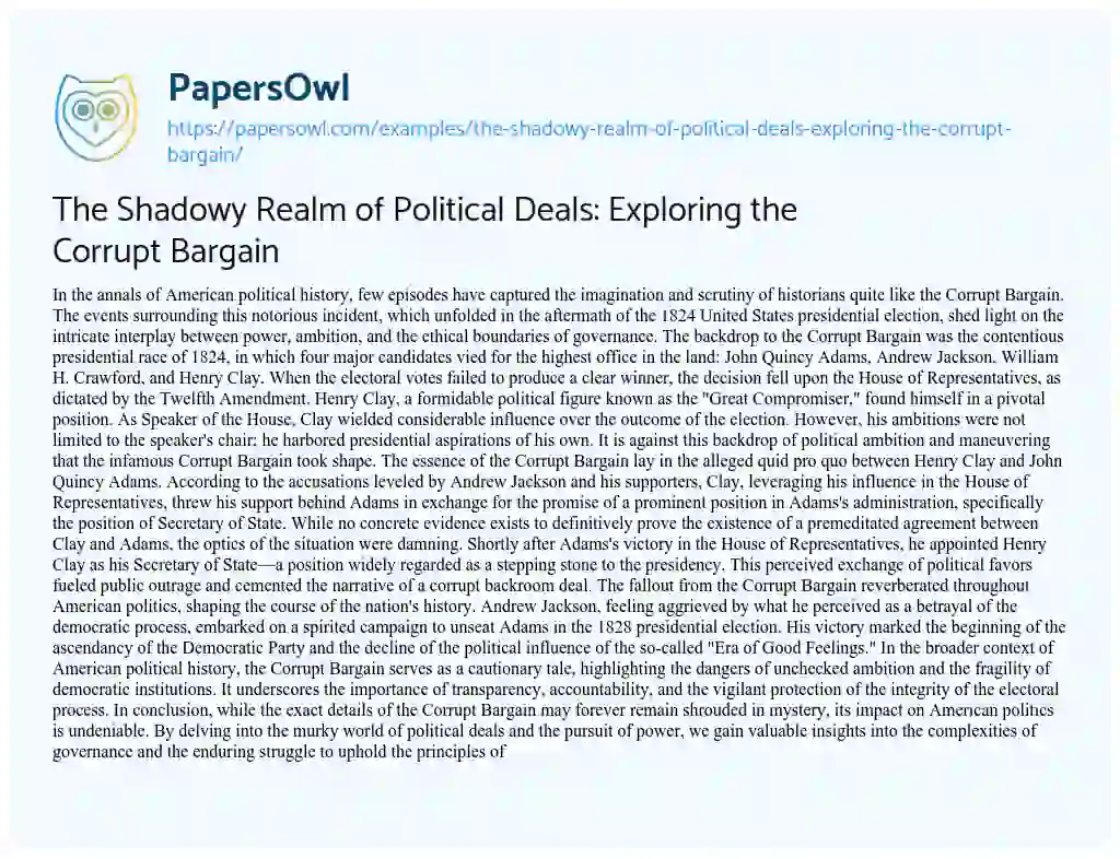 Essay on The Shadowy Realm of Political Deals: Exploring the Corrupt Bargain