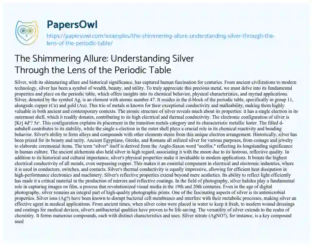 Essay on The Shimmering Allure: Understanding Silver through the Lens of the Periodic Table