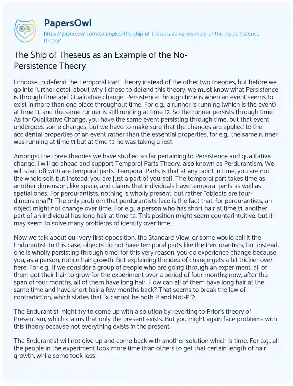 Essay on The Ship of Theseus as an Example of the No-Persistence Theory
