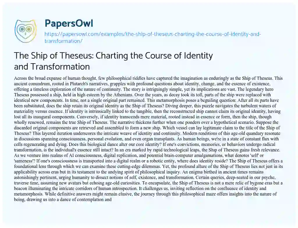 Essay on The Ship of Theseus: Charting the Course of Identity and Transformation