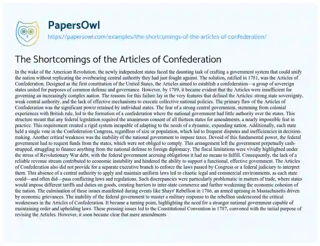 Essay on The Shortcomings of the Articles of Confederation