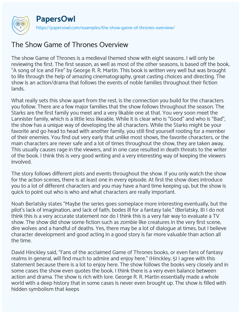 Essay on The Show Game of Thrones Overview