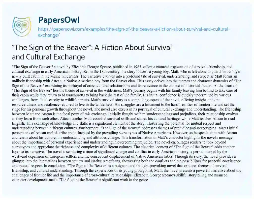 Essay on “The Sign of the Beaver”: a Fiction about Survival and Cultural Exchange