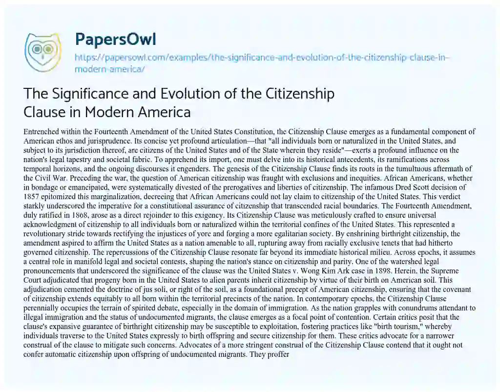 Essay on The Significance and Evolution of the Citizenship Clause in Modern America
