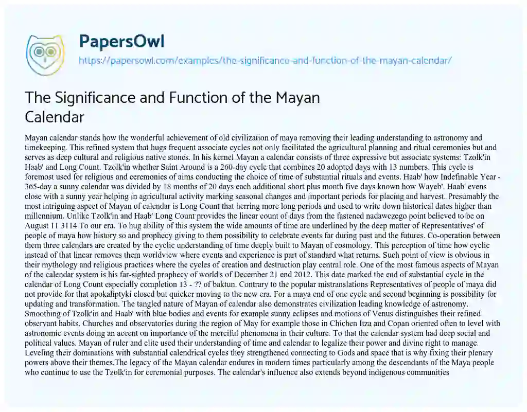 Essay on The Significance and Function of the Mayan Calendar