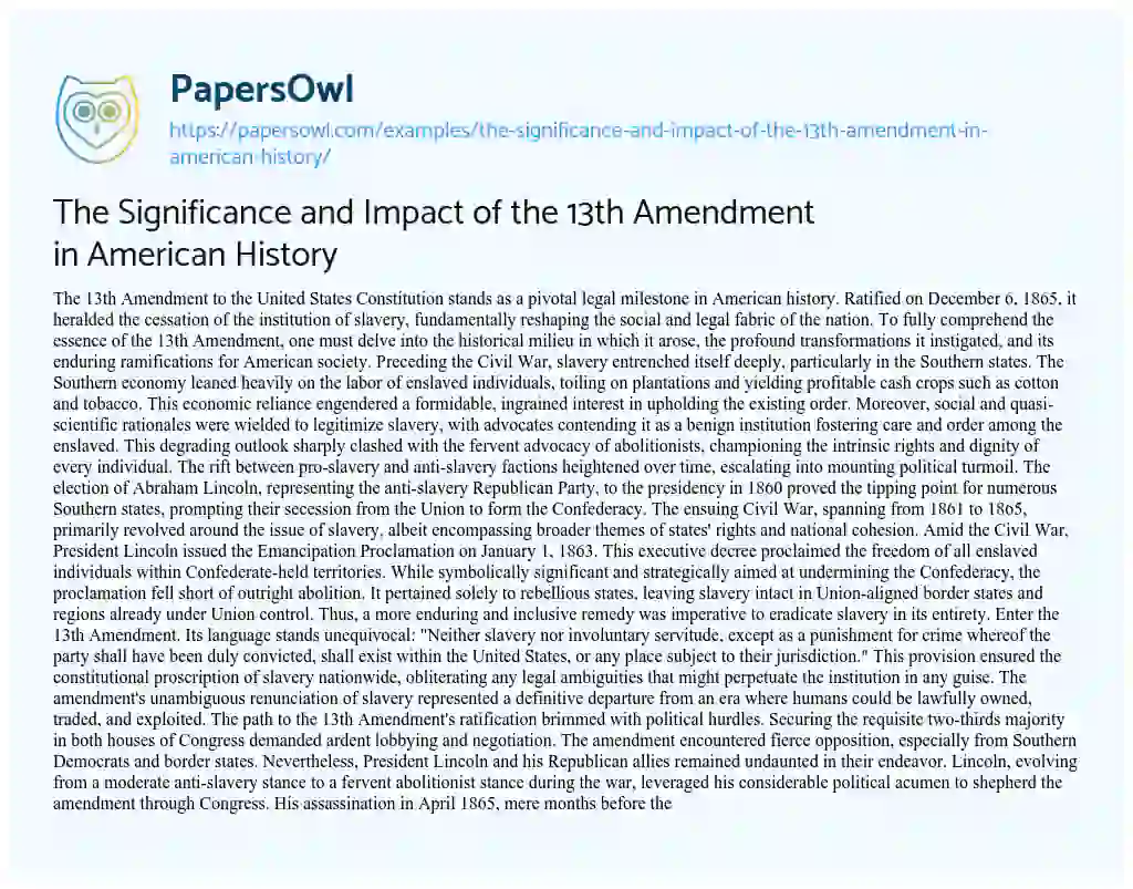 Essay on The Significance and Impact of the 13th Amendment in American History