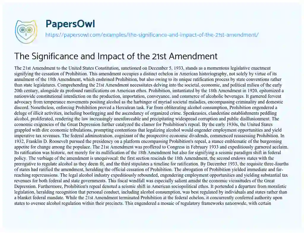 Essay on The Significance and Impact of the 21st Amendment