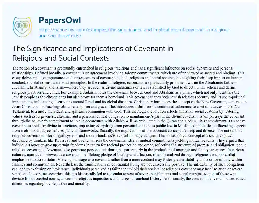 Essay on The Significance and Implications of Covenant in Religious and Social Contexts