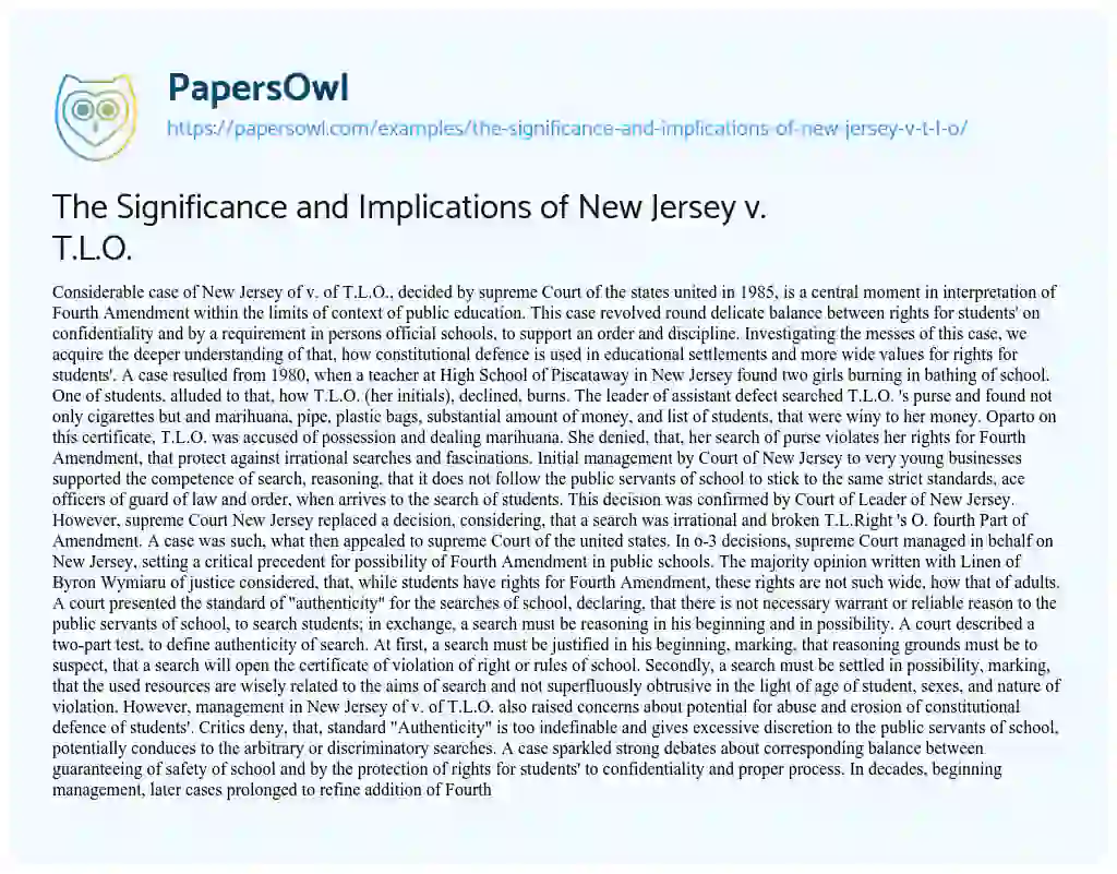 Essay on The Significance and Implications of New Jersey V. T.L.O.