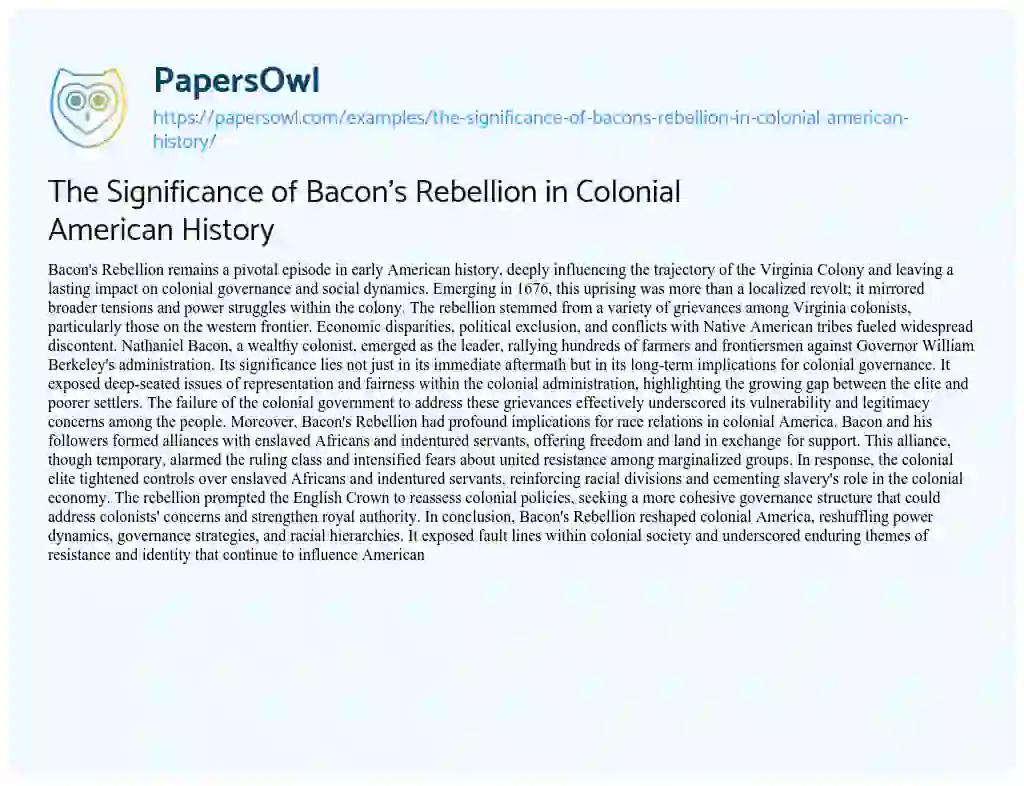 Essay on The Significance of Bacon’s Rebellion in Colonial American History