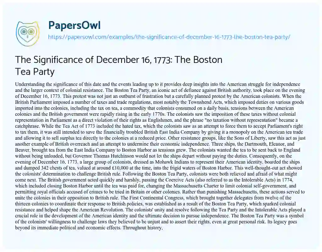 Essay on The Significance of December 16, 1773: the Boston Tea Party