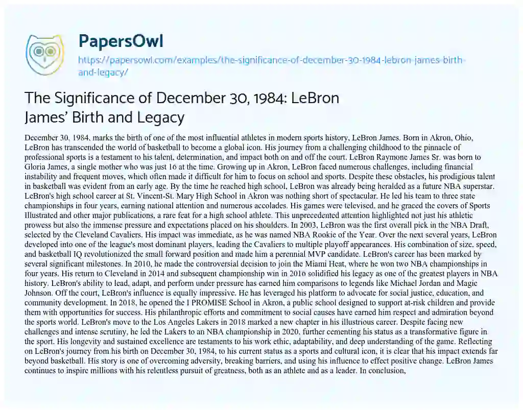 Essay on The Significance of December 30, 1984: LeBron James’ Birth and Legacy