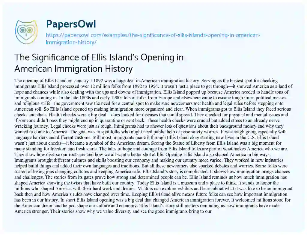 Essay on The Significance of Ellis Island’s Opening in American Immigration History