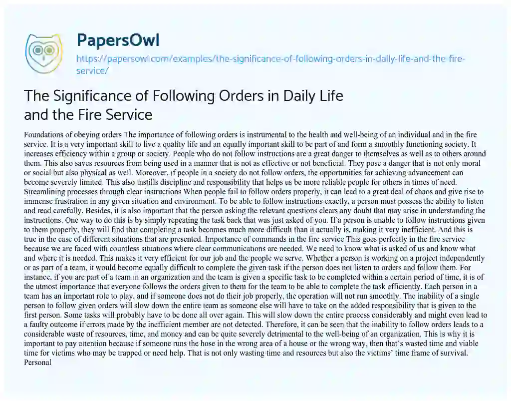 Essay on The Significance of Following Orders in Daily Life and the Fire Service
