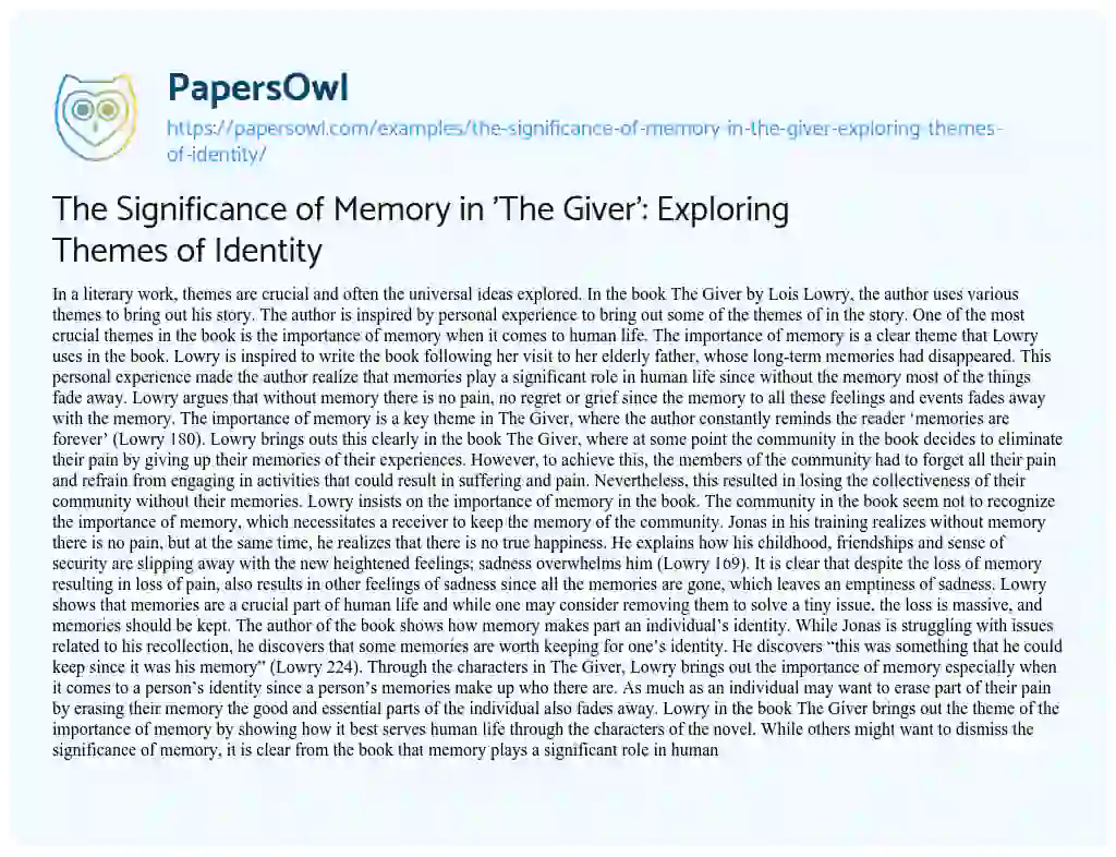 Essay on The Significance of Memory in ‘The Giver’: Exploring Themes of Identity
