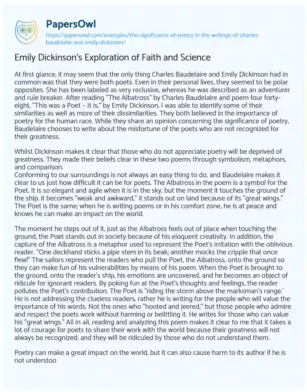 Essay on Emily Dickinson’s Exploration of Faith and Science