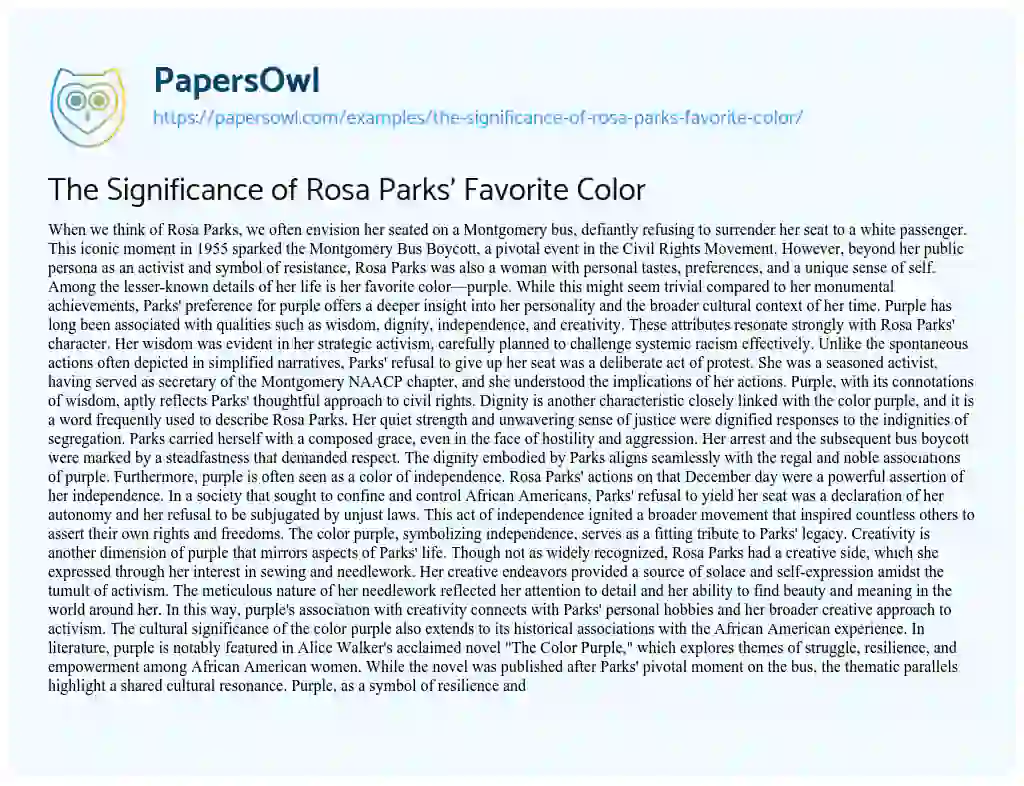 Essay on The Significance of Rosa Parks’ Favorite Color