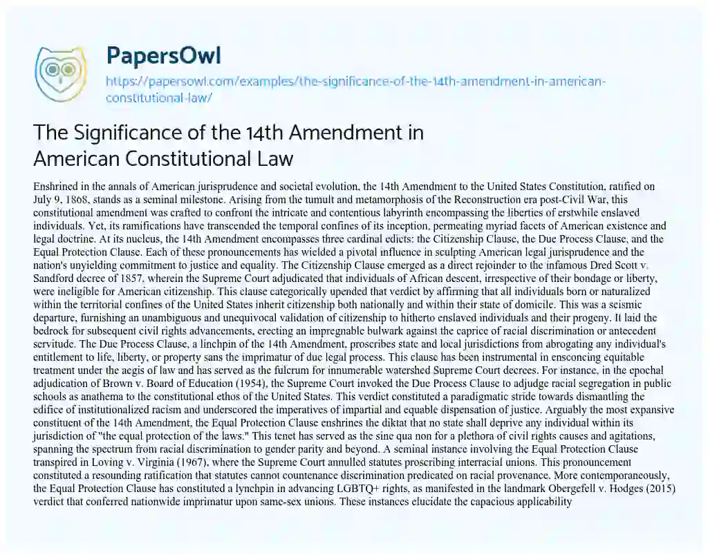 Essay on The Significance of the 14th Amendment in American Constitutional Law
