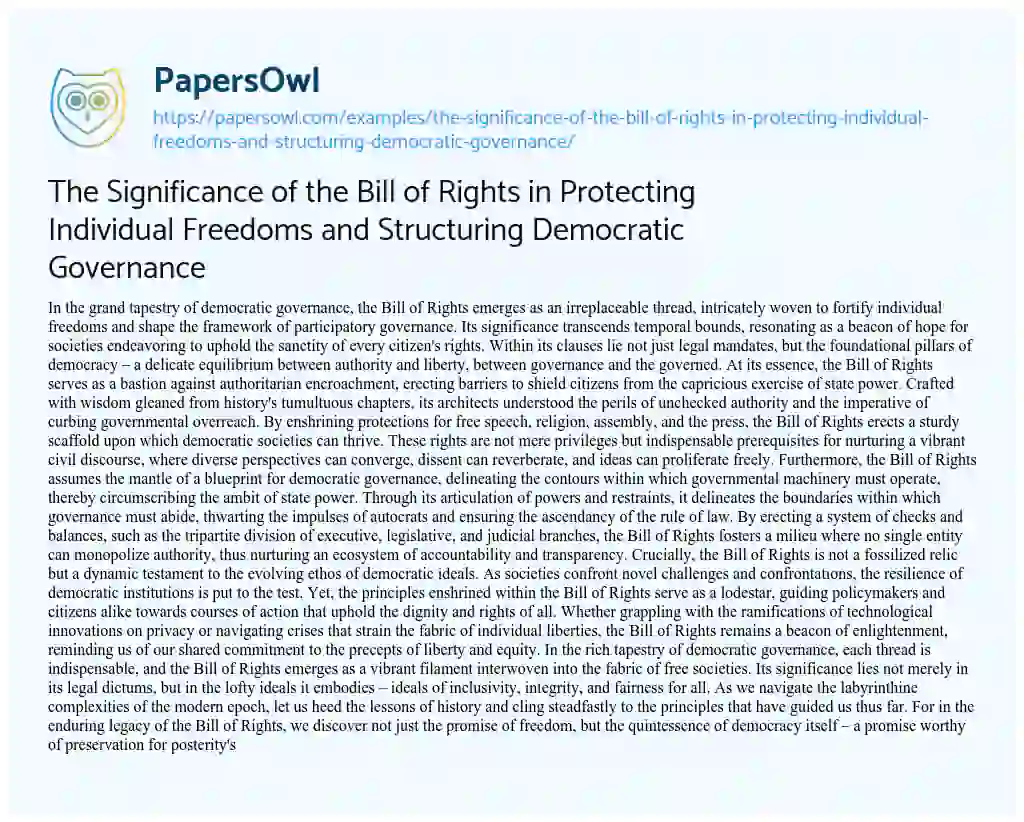 Essay on The Significance of the Bill of Rights in Protecting Individual Freedoms and Structuring Democratic Governance