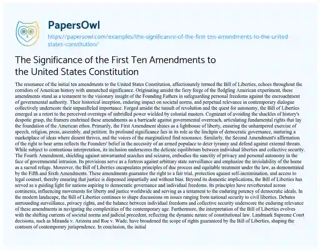 Essay on The Significance of the First Ten Amendments to the United States Constitution