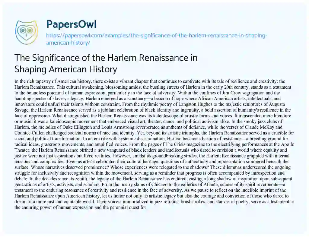 Essay on The Significance of the Harlem Renaissance in Shaping American History
