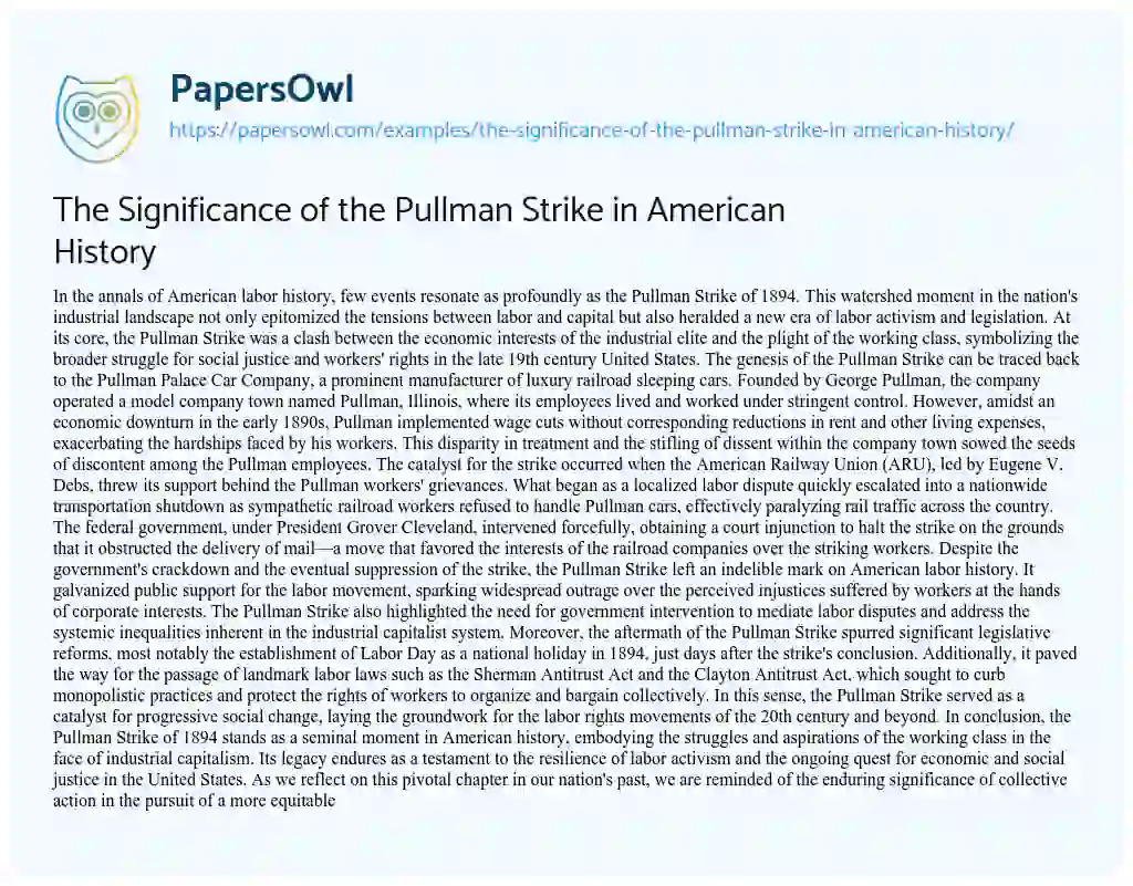 Essay on The Significance of the Pullman Strike in American History