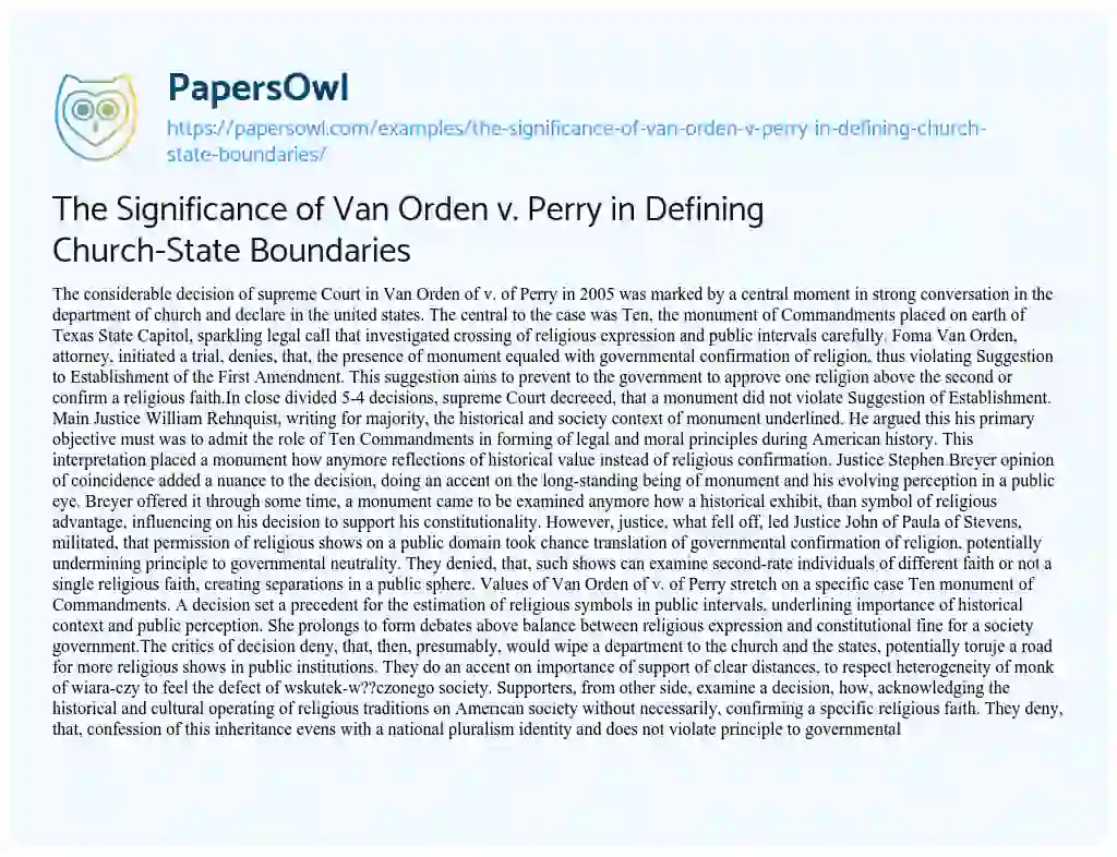 Essay on The Significance of Van Orden V. Perry in Defining Church-State Boundaries