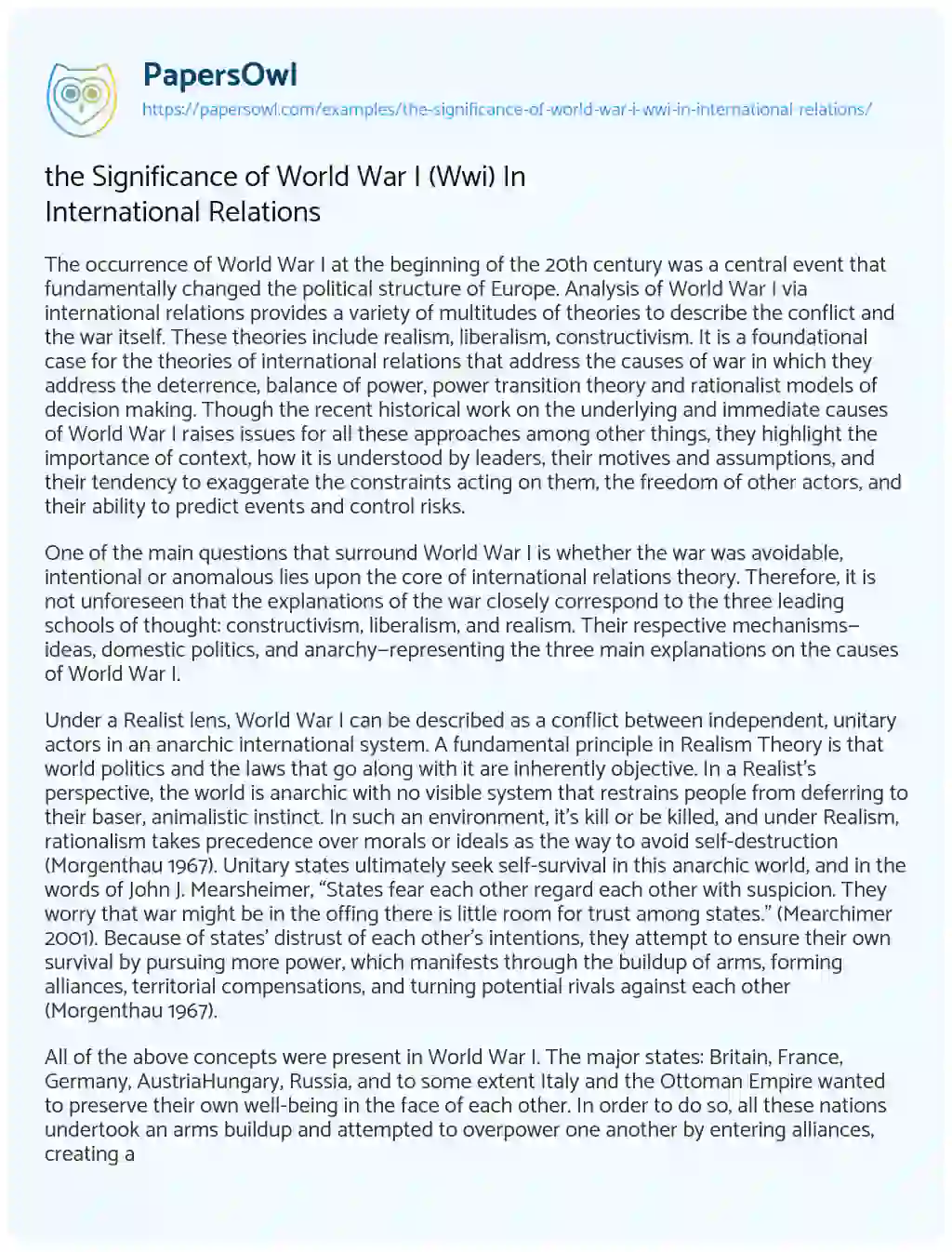 the Significance of World War i (Wwi) in International Relations essay
