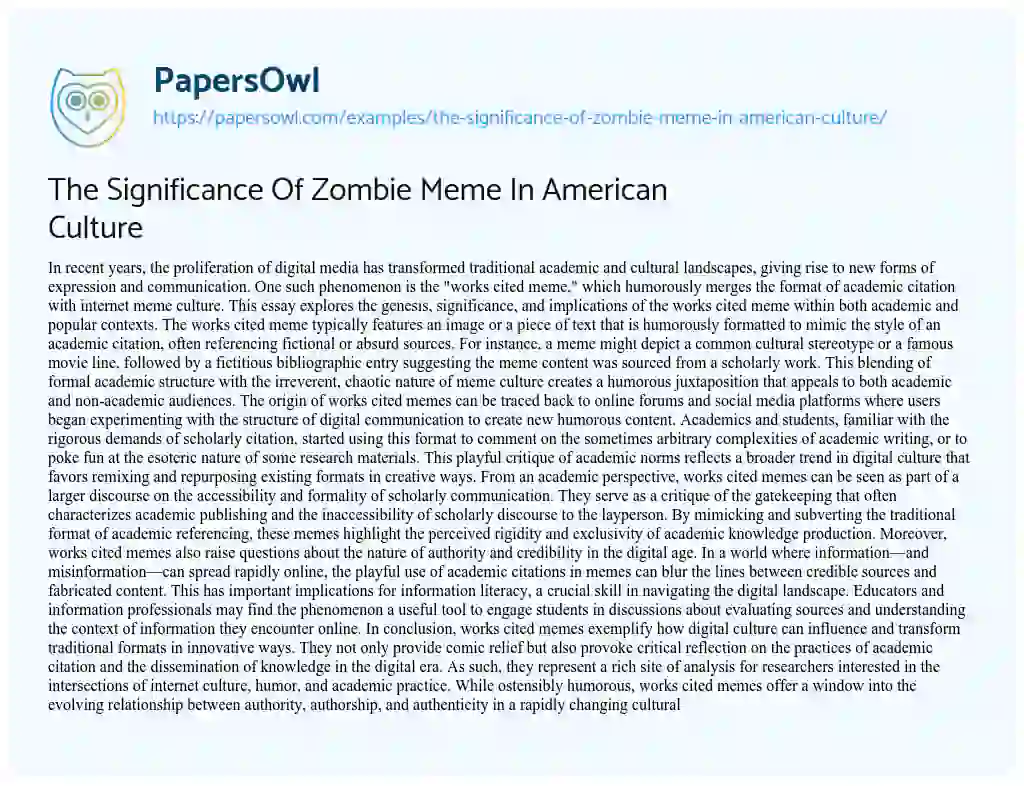 Essay on The Significance of Zombie Meme in American Culture