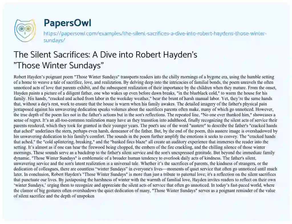Essay on The Silent Sacrifices: a Dive into Robert Hayden’s “Those Winter Sundays”