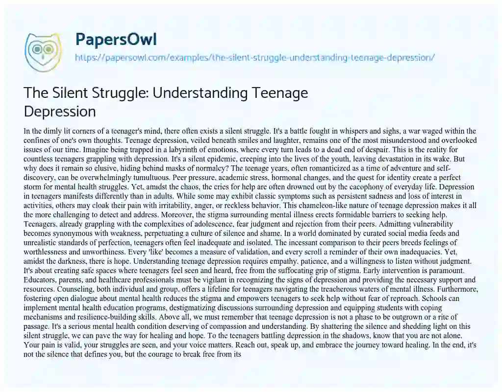 Essay on The Silent Struggle: Understanding Teenage Depression