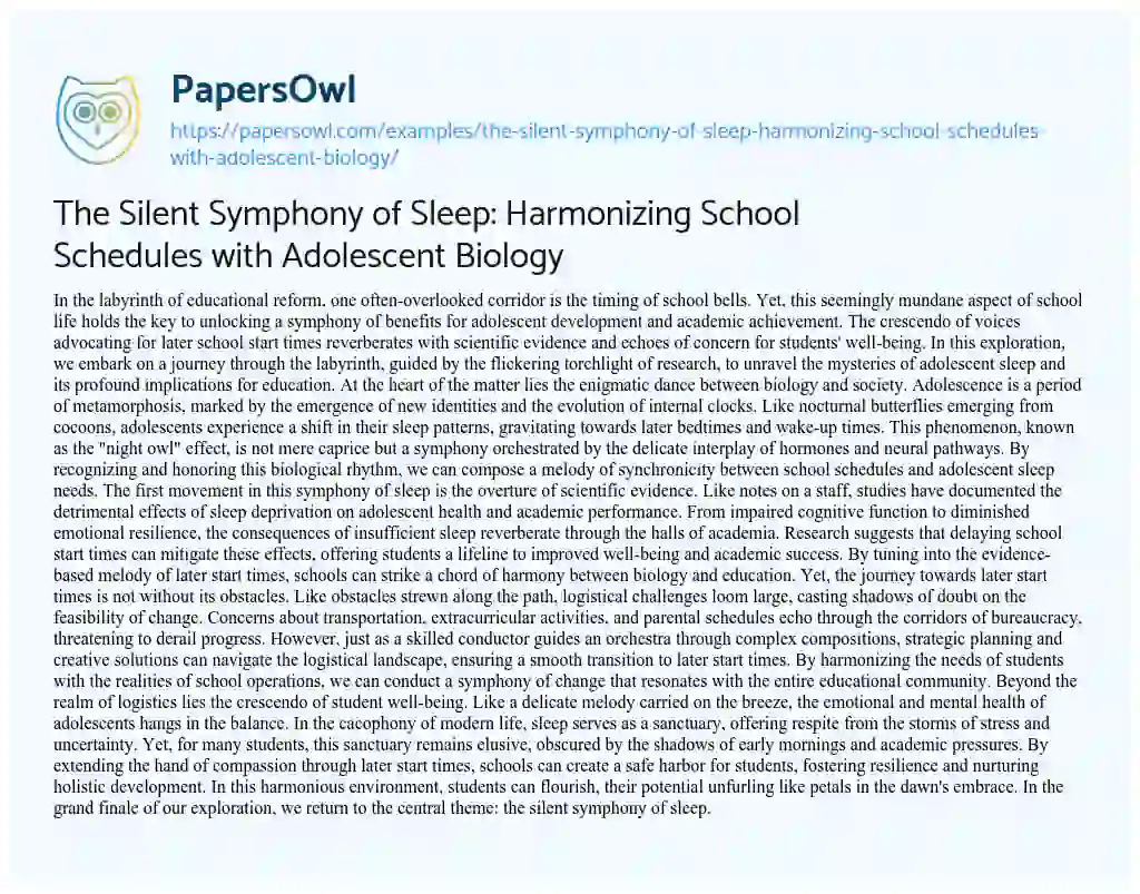 Essay on The Silent Symphony of Sleep: Harmonizing School Schedules with Adolescent Biology