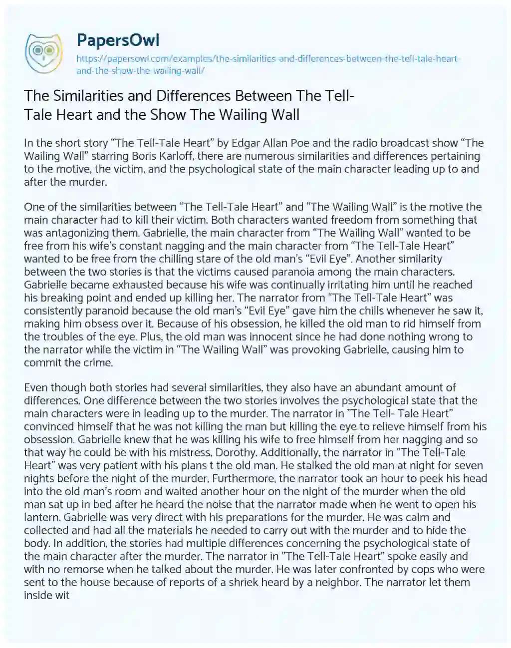 Essay on The Similarities and Differences between the Tell-Tale Heart and the Show the Wailing Wall