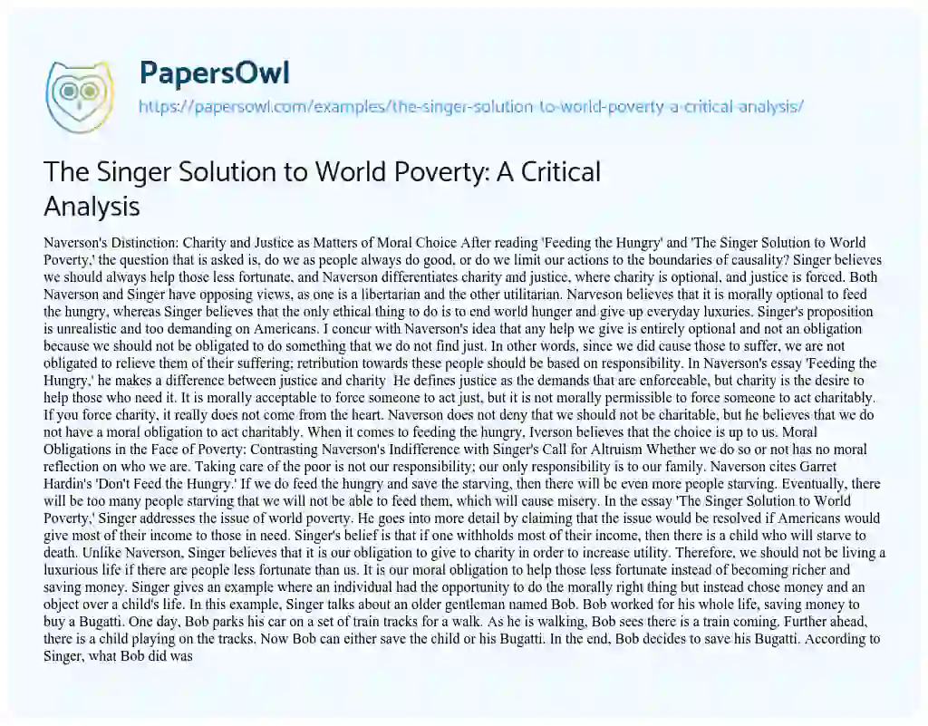 Essay on The Singer Solution to World Poverty: a Critical Analysis